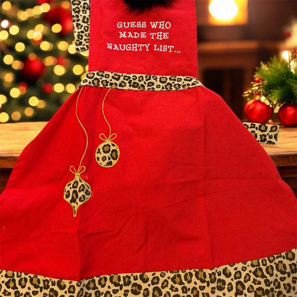 TIS THE SEASON brand new Red and Leopard Print women’s Apron Christmas